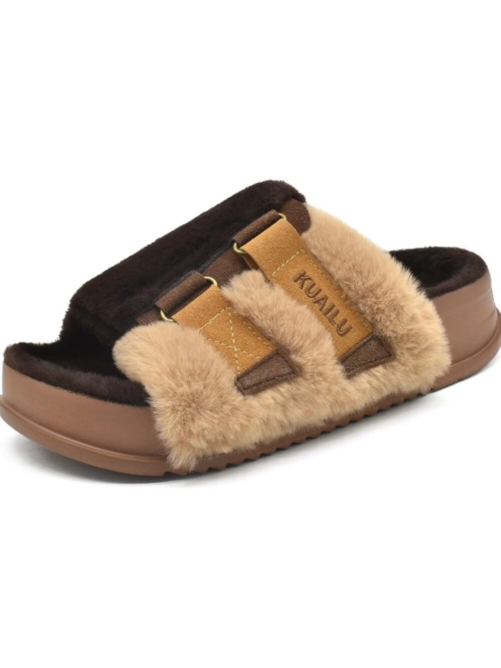 Women's Plush Brown Soft Cushioned & Adjustable Fuzzy Faux Fur Slippers Slides